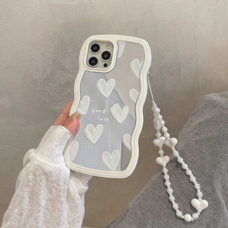 Auramma Collections White Wavy Bumper Mirror Hearts Beaded Charm TPU Case iPhone 14 13 12 11 Pro Max Plus