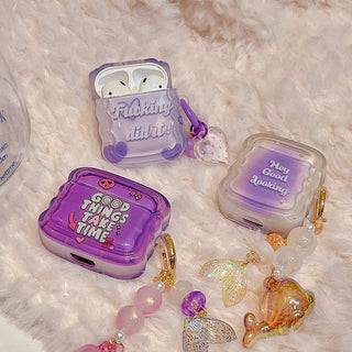 Auramma Collections Wavy Edge Clear Purple Y2K Style Good Things Skull Ribbon Quote Soft TPU Case AirPods 1 2 3 Pro