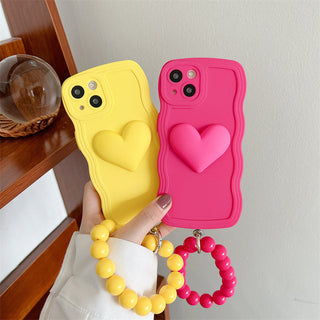 Auramma Collections Wavy Edge Matte Plain Sunny Yellow Hot Pink 3D Heart Matching Beaded Charm Soft TPU Case iPhone 14 13 12 11 Pro Max Plus Mini X XS XR 8 7