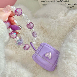 Auramma Collections Wavy Edge Purple Radiant Heart Matching Beaded Charm Soft TPU Case AirPods 1 2 3 Pro