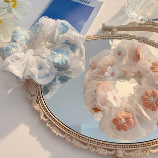Auramma Collections White Cream Blue Dusty Sweet Pink Flower Embroidered White Sheer Scrunchies