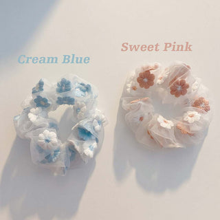 Auramma Collections White Cream Blue Dusty Sweet Pink Flower Embroidered White Sheer Scrunchies