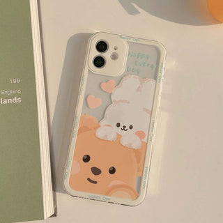 Auramma Collections White Frame Happy Day Cute Fluffy White Bunny Rabbit Brown Bear Print Soft TPU Case For iPhone 14 13 12 11 Pro Max Plus Mini X XS XR 7 8