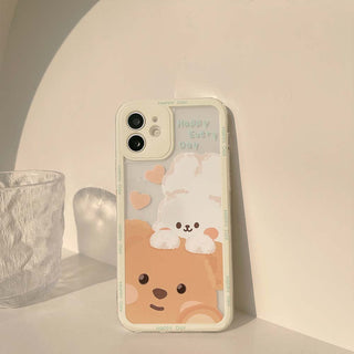 Auramma Collections White Frame Happy Day Cute Fluffy White Bunny Rabbit Brown Bear Print Soft TPU Case For iPhone 14 13 12 11 Pro Max Plus Mini X XS XR 7 8