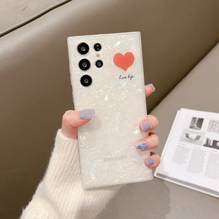 Auramma Collections White Opaque Plain Shell Pattern Style Red Heart Love Life Samsung Galaxy S22 S21 S20 Ultra Plus FE Note 20 10 8 9 A 71 53 52 51 22 12 5G