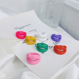 Auramma Collections Y2K Funky Solid Color Green Yellow Red White Purple Hot Pink Lips Shaped Rings