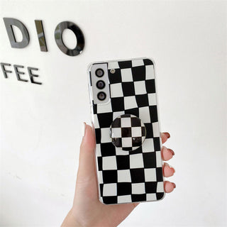 Auramma Collections Y2K Style Black Green Distorted Checkerboard Matching Pop Socket Soft TPU Case Samsung Galaxy S22 S21 S20 Ultra Note20 10 9 8