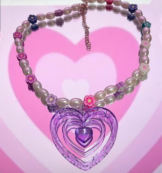 Auramma Collections Y2K Style Colorful Flower Faux Pearl Bead Purple Groovy Heart Pendant Necklace