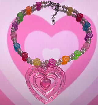 Auramma Collections Y2K Style Colorful Smiley Faux Pearl Bead Pink Groovy Heart Pendant Necklace