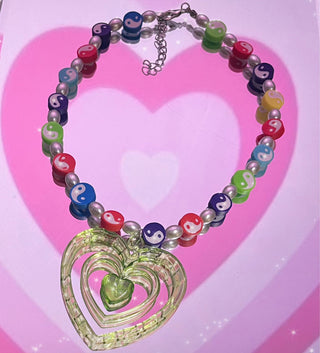 Auramma Collections Y2K Style Colorful Ying Yang Faux Pearl Bead Green Groovy Heart Pendant Necklace
