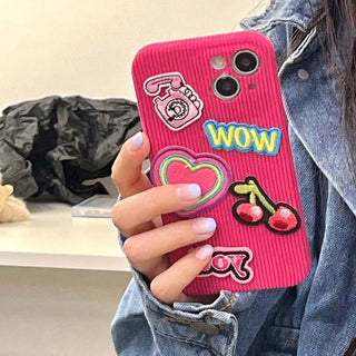 Auramma Collections Y2K Style Hot Pink Velvet Finish Embroidery Heart Cherry Phone Wow Girly TPU Case iPhone 14 13 12 11 Pro Max Plus X XS XR