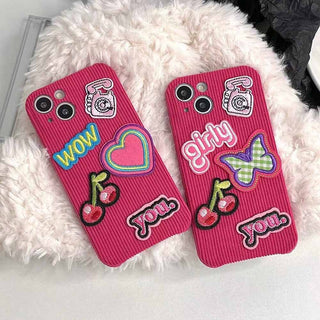 Auramma Collections Y2K Style Hot Pink Velvet Finish Embroidery Heart Cherry Phone Wow Girly TPU Case iPhone 14 13 12 11 Pro Max Plus X XS XR