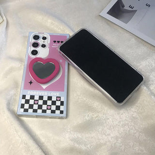 Auramma Collections Y2K Style Pink Purple Black Checkerboard Stripe Diamond Matching Mirror Pull Out Grip Soft TPU Case Samsung Galaxy S22 S21 S20 Ultra FE Note20