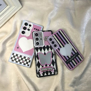 Auramma Collections Y2K Style Pink Purple Black Checkerboard Stripe Diamond Matching Mirror Pull Out Grip Soft TPU Case Samsung Galaxy S22 S21 S20 Ultra FE Note20