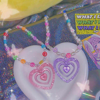 Auramma Collections Y2K Style Smiley Flower Faux Pearl Bead Pink Purple Groovy Heart Pendant Necklace