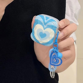Auramma Collections Y2K Style Wavy Edge Blue White Groovy Heart Matching Bell Chain Charm Soft TPU Case AirPods 1 2 3 Pro