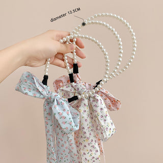 Auramma Collections SS23 Softcore Aesthetic Girl Spring Summer Style Faux Pearl Long White Pink Blue Floral Pattern Ribbon Hair Band Bow Braid Accessories