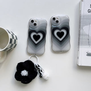 Auramma Collections Y2K Wavy Edge Clear Black Grey Groovy Heart Flower Plush Charm Soft TPU Case iPhone 15 14 13 12 11 Pro Max Plus