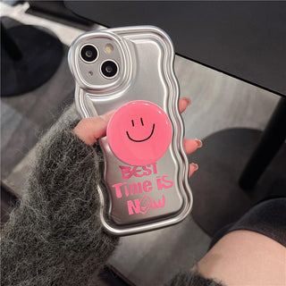 Auramma Collections Y2K Wavy Edge Metallic Silver Cushion Style Pink Quote Best Time Is Now Matching Smiley Face Pull Out Grip Soft TPU Case iPhone 14 13 12 11 Pro Max
