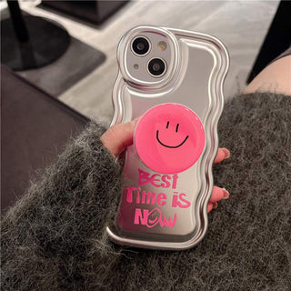 Auramma Collections Y2K Wavy Edge Metallic Silver Cushion Style Pink Quote Best Time Is Now Matching Smiley Face Pull Out Grip Soft TPU Case iPhone 14 13 12 11 Pro Max